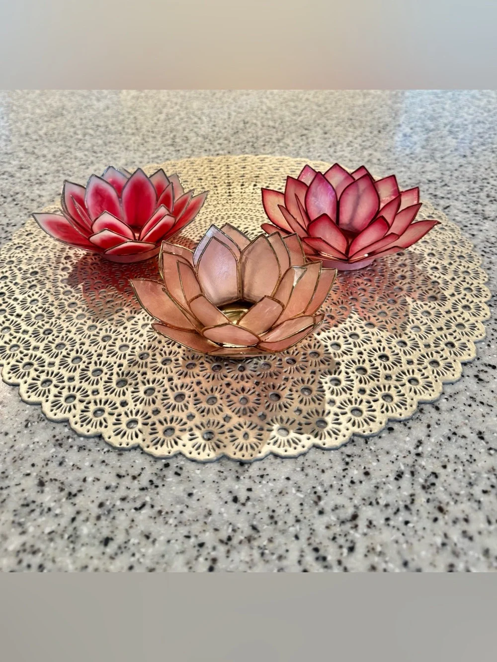 🪷Vintage Capiz Shell Lotus Flower Tealight Candle Holders Set of 3